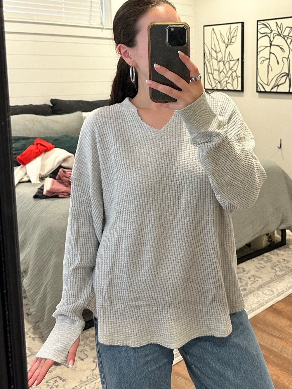 aerie Light Gray Waffle-Knit Scoop-Neck Sweater